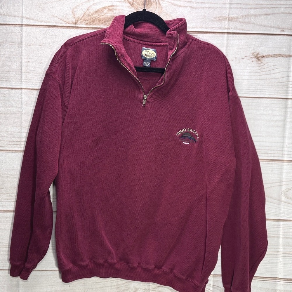 Vintage Tommy Bahama Relax Mens Large Burgundy 1/4 Zip Cotton Ribbed Pullover